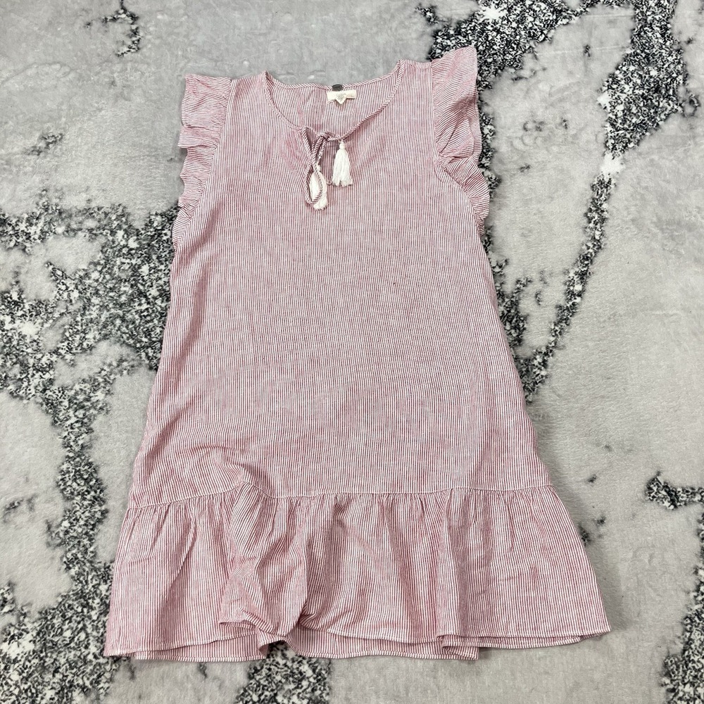 Cupio Seersucker Stripe Ruffle Hem Dress Sleeveless‎ Tassel Tie Womens Sz Small
